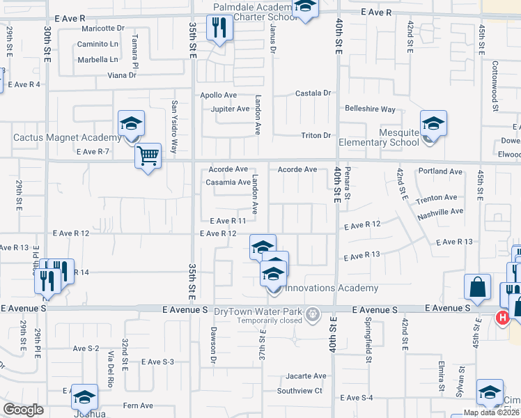 map of restaurants, bars, coffee shops, grocery stores, and more near 37444 Landon Avenue in Palmdale