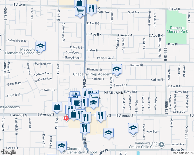 map of restaurants, bars, coffee shops, grocery stores, and more near 4745 Karling Place in Palmdale