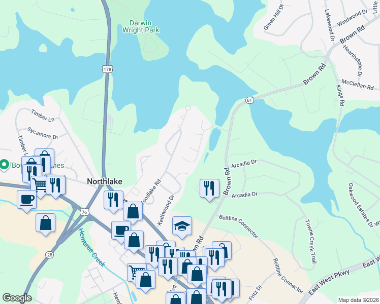 map of restaurants, bars, coffee shops, grocery stores, and more near 102 Penninger Drive in Anderson