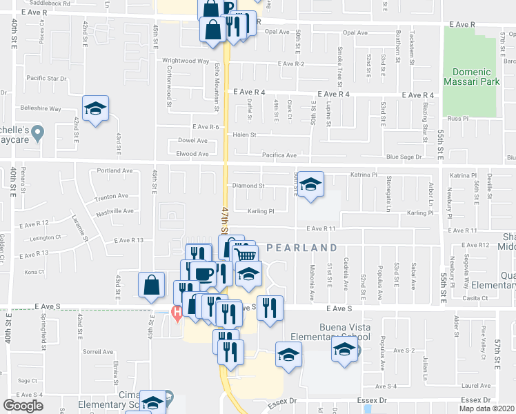 map of restaurants, bars, coffee shops, grocery stores, and more near 4745 Karling Place in Palmdale