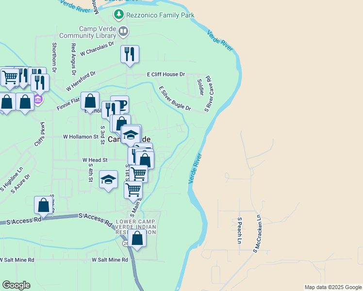 map of restaurants, bars, coffee shops, grocery stores, and more near 427 South Yaqui Circle in Camp Verde