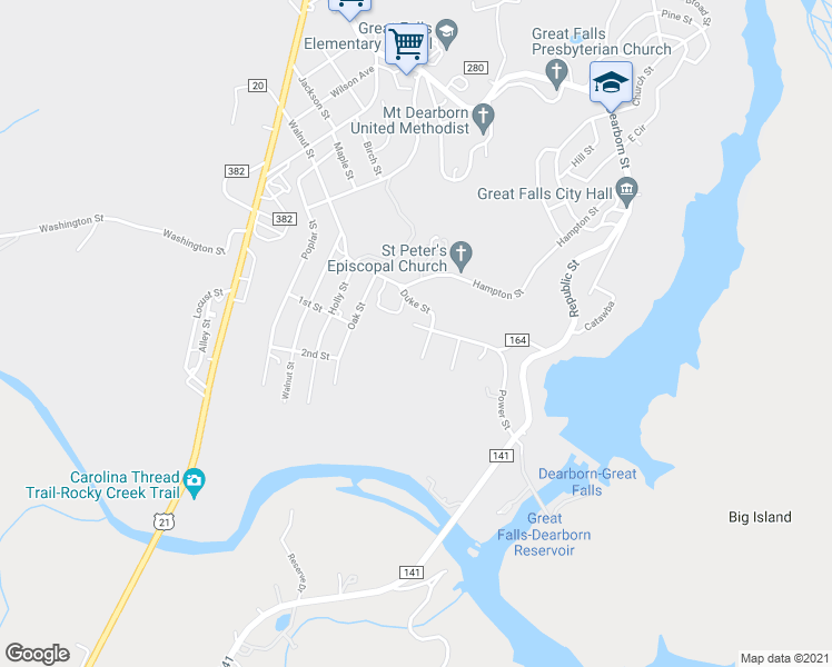 map of restaurants, bars, coffee shops, grocery stores, and more near 301 Duke Street in Great Falls