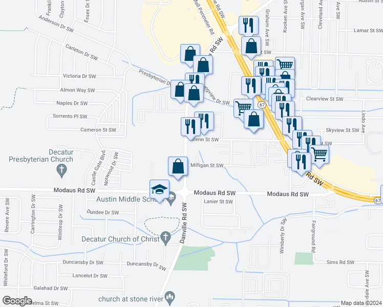map of restaurants, bars, coffee shops, grocery stores, and more near 2526 Danville Road Southwest in Decatur
