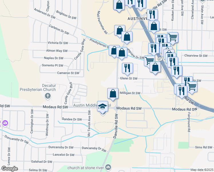 map of restaurants, bars, coffee shops, grocery stores, and more near 2527 Danville Road Southwest in Decatur