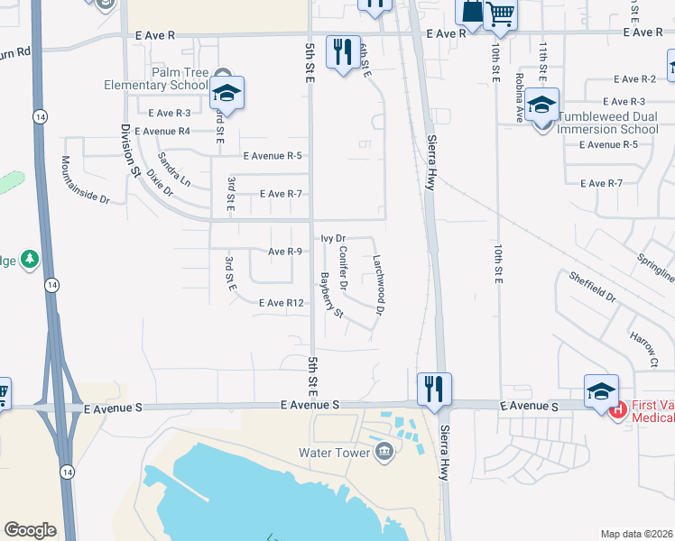 map of restaurants, bars, coffee shops, grocery stores, and more near 37423 Conifer Drive in Palmdale