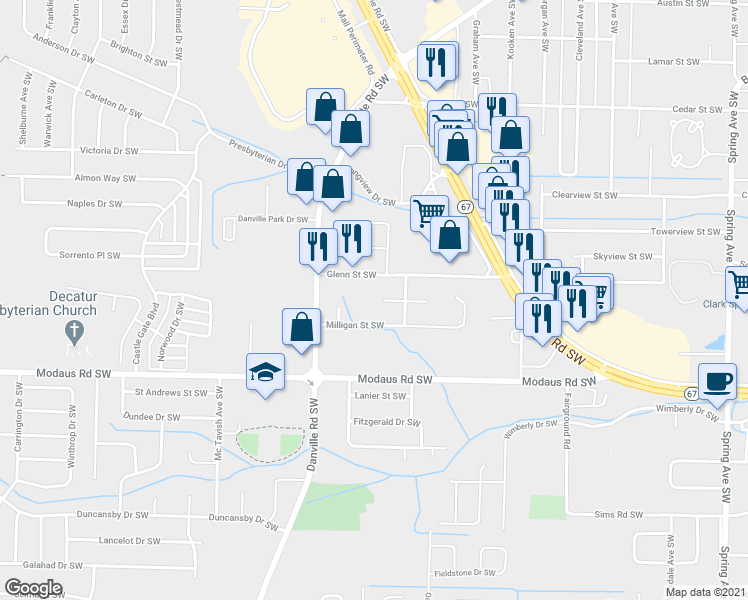 map of restaurants, bars, coffee shops, grocery stores, and more near 1807 Ororke Lane Southwest in Decatur