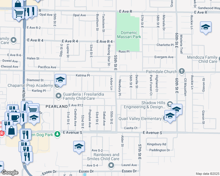 map of restaurants, bars, coffee shops, grocery stores, and more near 37501 Arbor Lane in Palmdale