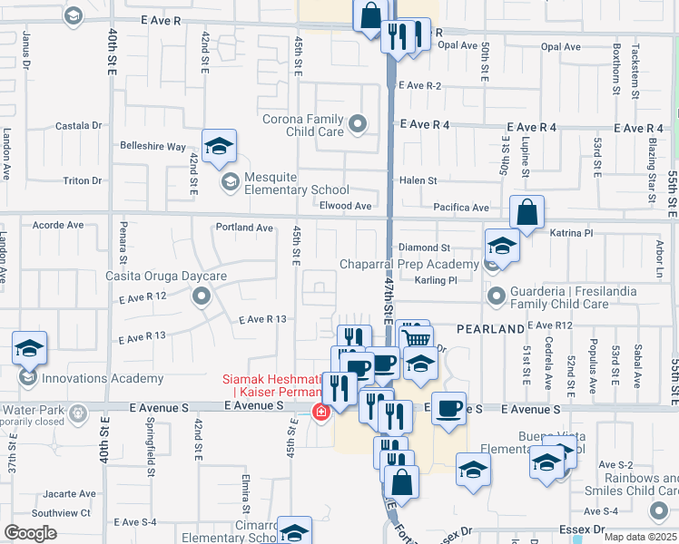 map of restaurants, bars, coffee shops, grocery stores, and more near in Palmdale