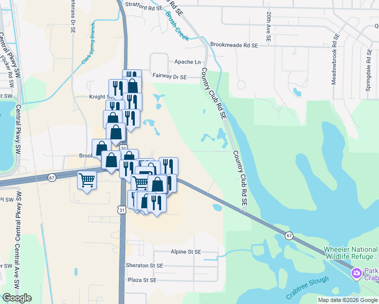 map of restaurants, bars, coffee shops, grocery stores, and more near 150 Country Club Lane Southeast in Decatur