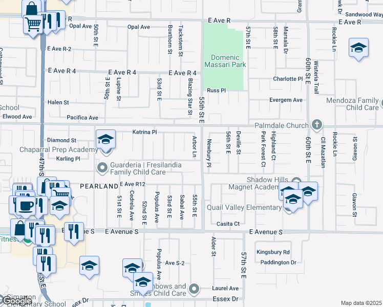 map of restaurants, bars, coffee shops, grocery stores, and more near 37501 Arbor Lane in Palmdale