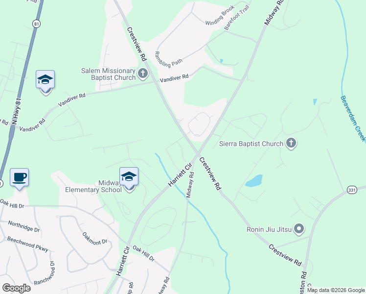 map of restaurants, bars, coffee shops, grocery stores, and more near 1281 Crestview Road in Anderson