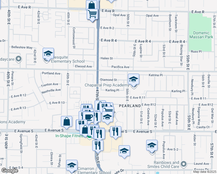map of restaurants, bars, coffee shops, grocery stores, and more near 4716 Karling Place in Palmdale