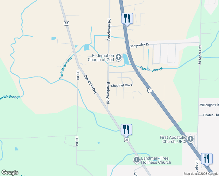 map of restaurants, bars, coffee shops, grocery stores, and more near 550 Brockway Road in Owens Cross Roads