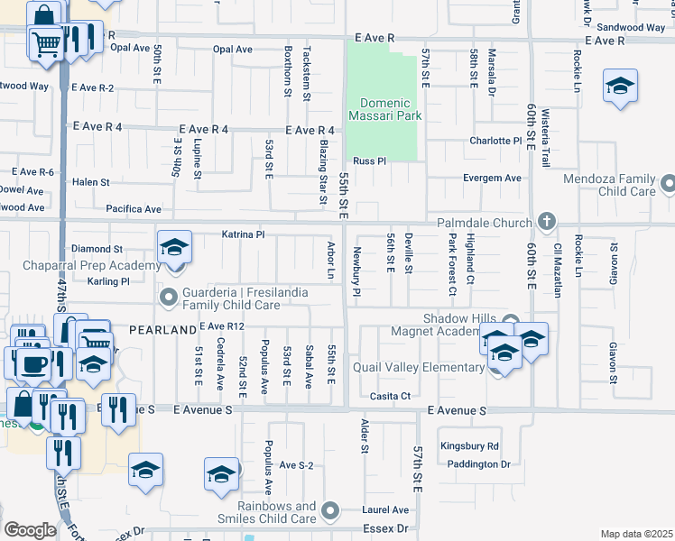 map of restaurants, bars, coffee shops, grocery stores, and more near 37458 Arbor Lane in Palmdale