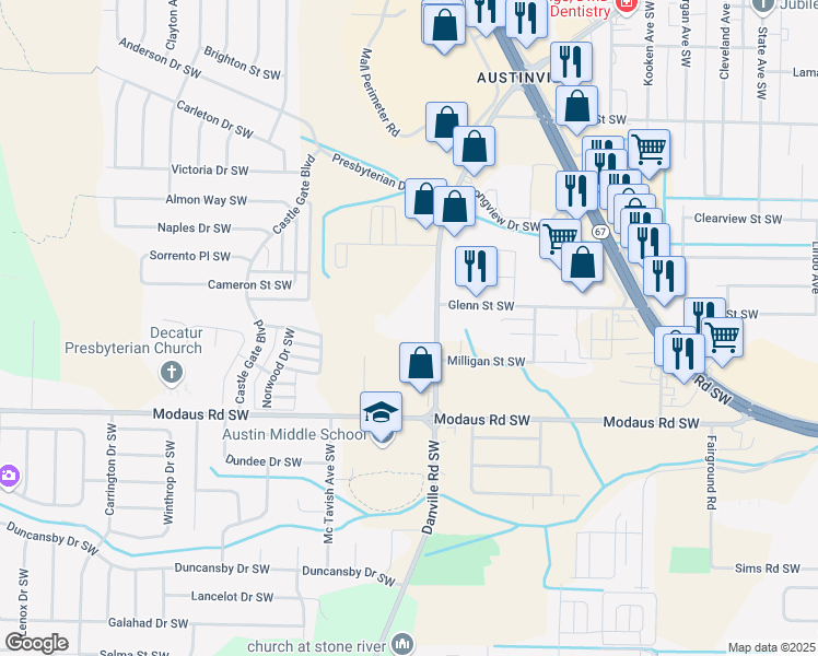 map of restaurants, bars, coffee shops, grocery stores, and more near 2527 Danville Road Southwest in Decatur