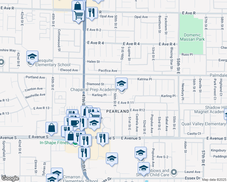 map of restaurants, bars, coffee shops, grocery stores, and more near 37504 Patricia Lane in Palmdale