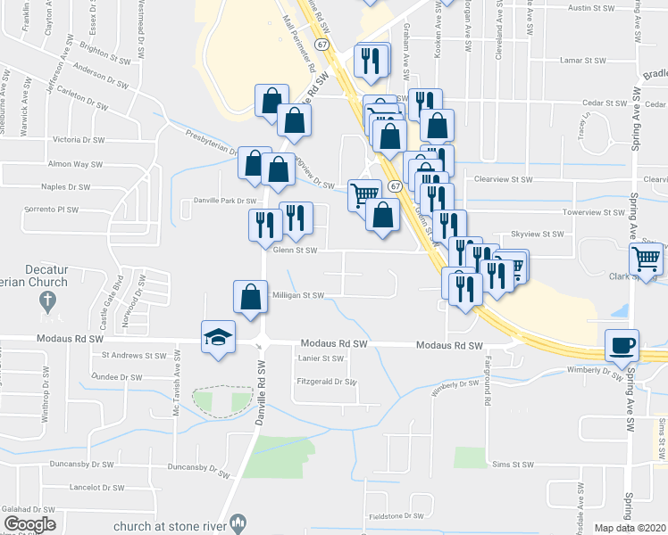 map of restaurants, bars, coffee shops, grocery stores, and more near 1807 Ororke Lane Southwest in Decatur
