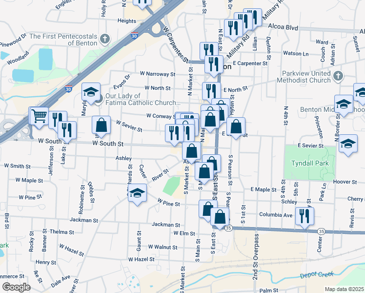 map of restaurants, bars, coffee shops, grocery stores, and more near 220 West South Street in Benton