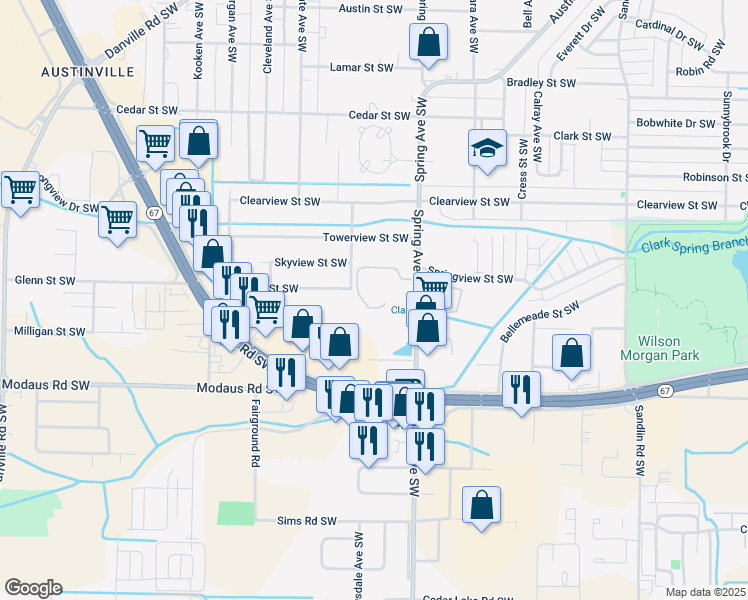 map of restaurants, bars, coffee shops, grocery stores, and more near 2505 Spring Avenue Southwest in Decatur