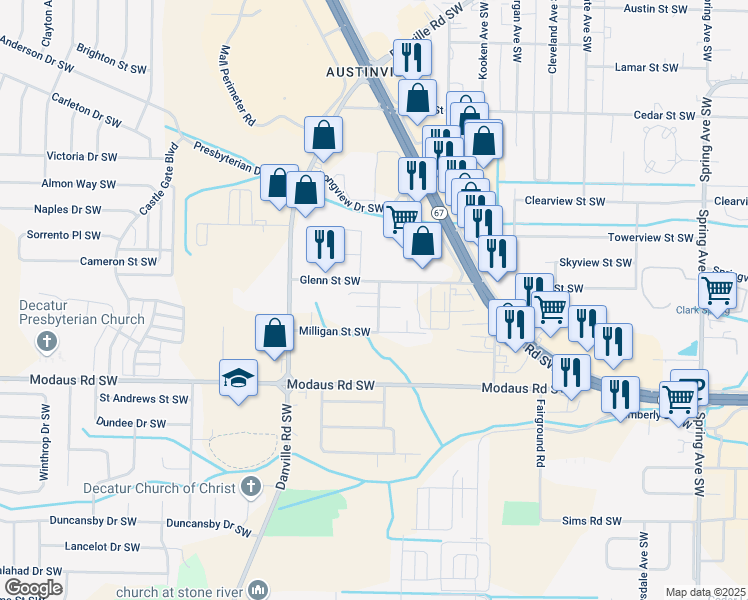 map of restaurants, bars, coffee shops, grocery stores, and more near 1802 Ororke Lane Southwest in Decatur