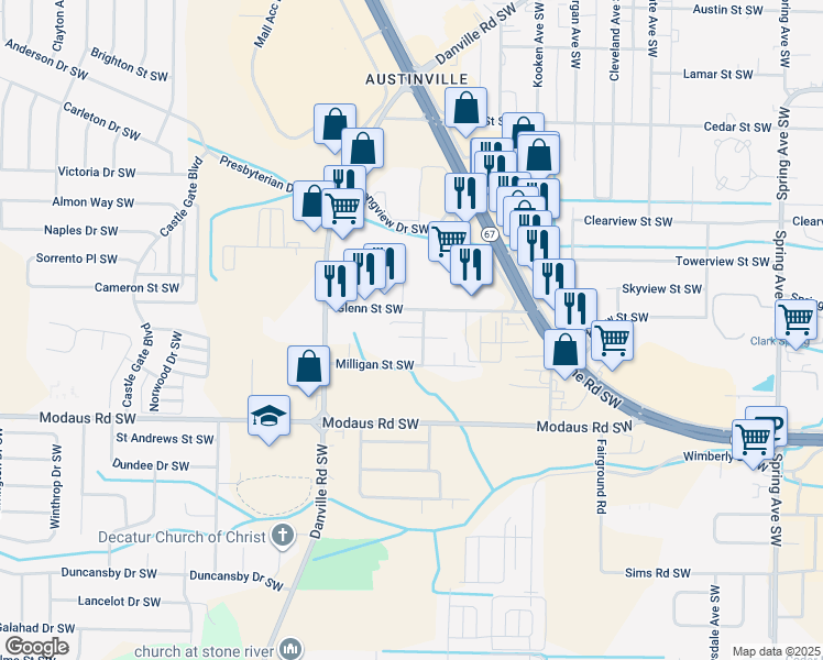 map of restaurants, bars, coffee shops, grocery stores, and more near 1804 Ororke Lane Southwest in Decatur