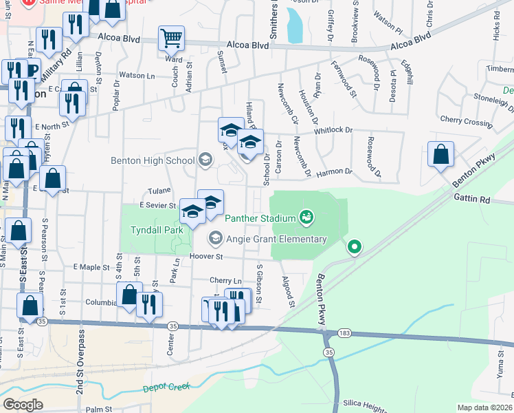 map of restaurants, bars, coffee shops, grocery stores, and more near 111 Village Drive in Benton
