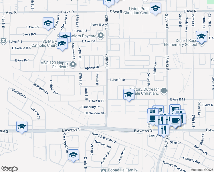 map of restaurants, bars, coffee shops, grocery stores, and more near East Avenue R-10 in Palmdale