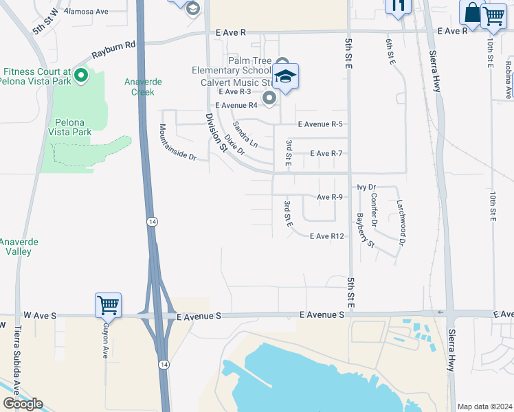 map of restaurants, bars, coffee shops, grocery stores, and more near 215 Taos Place in Palmdale