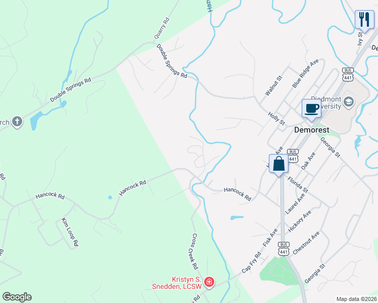 map of restaurants, bars, coffee shops, grocery stores, and more near 650 Bald Ridge Circle in Demorest