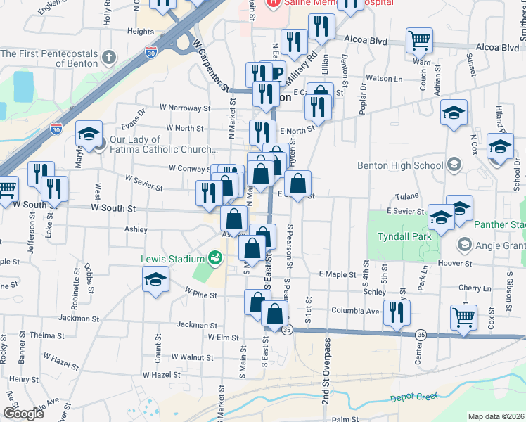 map of restaurants, bars, coffee shops, grocery stores, and more near 108 South Saint East in Benton
