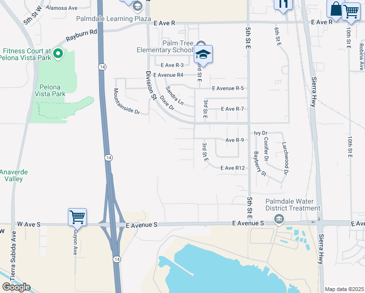 map of restaurants, bars, coffee shops, grocery stores, and more near 215 Taos Place in Palmdale