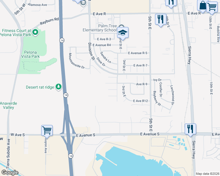 map of restaurants, bars, coffee shops, grocery stores, and more near 215 Taos Place in Palmdale