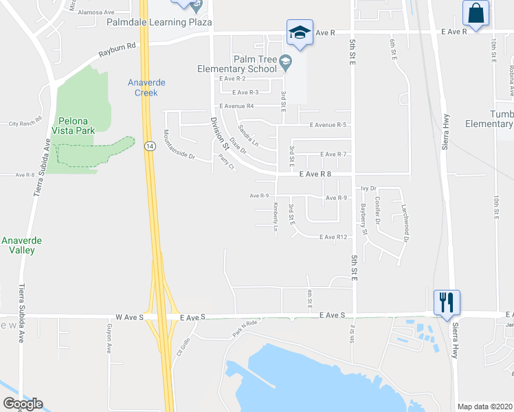 map of restaurants, bars, coffee shops, grocery stores, and more near 209 Taos Place in Palmdale