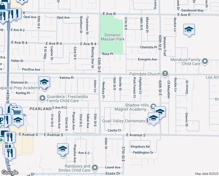 map of restaurants, bars, coffee shops, grocery stores, and more near 5537 Lighthouse Lane in Palmdale