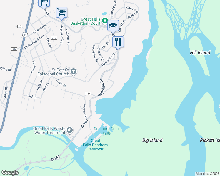 map of restaurants, bars, coffee shops, grocery stores, and more near 15 Catawba Avenue in Great Falls