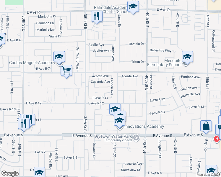 map of restaurants, bars, coffee shops, grocery stores, and more near 3646 East Avenue R 10 in Palmdale