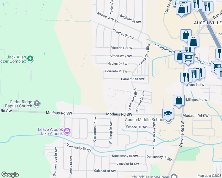 map of restaurants, bars, coffee shops, grocery stores, and more near 2338 Aldingham Drive Southwest in Decatur