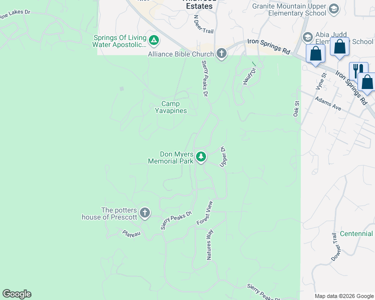 map of restaurants, bars, coffee shops, grocery stores, and more near 1486 Sierry Peaks Drive in Prescott
