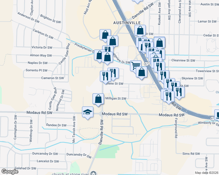map of restaurants, bars, coffee shops, grocery stores, and more near 2526 Danville Road Southwest in Decatur