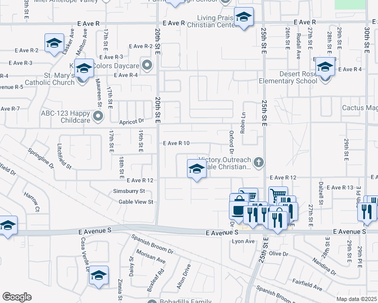 map of restaurants, bars, coffee shops, grocery stores, and more near 2121 Westminster Drive in Palmdale