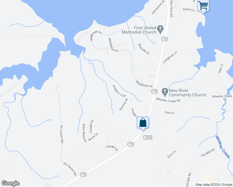 map of restaurants, bars, coffee shops, grocery stores, and more near 217 Peggy's Trace in Sneads Ferry