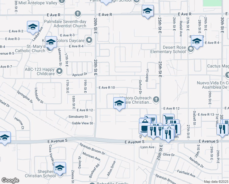 map of restaurants, bars, coffee shops, grocery stores, and more near 2121 Westminster Drive in Palmdale