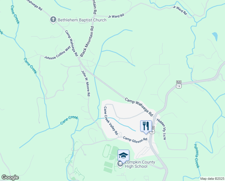 map of restaurants, bars, coffee shops, grocery stores, and more near 357 Camp Wahsega Road in Dahlonega