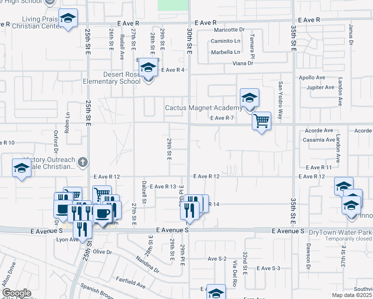 map of restaurants, bars, coffee shops, grocery stores, and more near 2939 East Avenue R10 in Palmdale