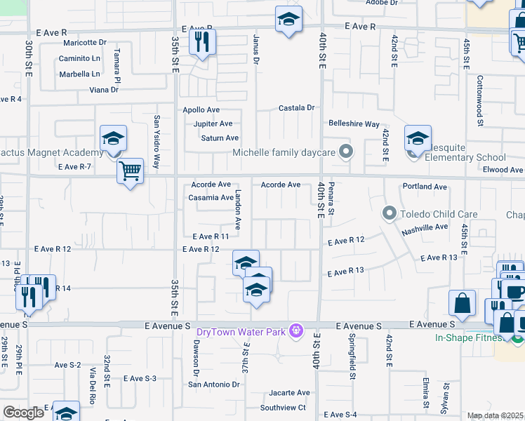 map of restaurants, bars, coffee shops, grocery stores, and more near 37521 Daybreak Street in Palmdale