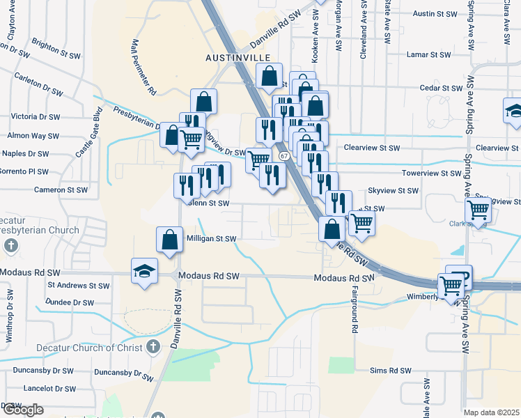 map of restaurants, bars, coffee shops, grocery stores, and more near 1802 Glenn Street Southwest in Decatur