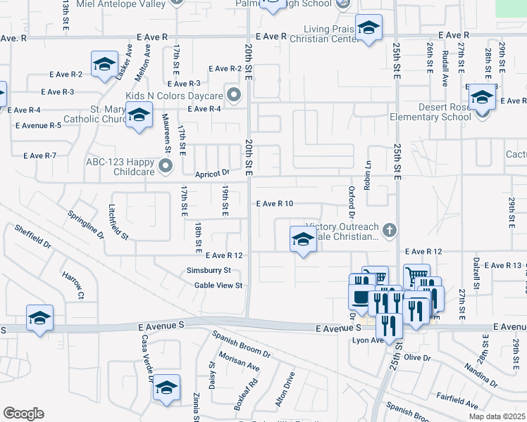 map of restaurants, bars, coffee shops, grocery stores, and more near 37476 Cambridge Lane in Palmdale