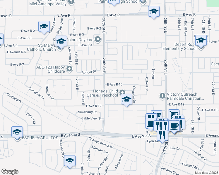 map of restaurants, bars, coffee shops, grocery stores, and more near 37476 Cambridge Lane in Palmdale