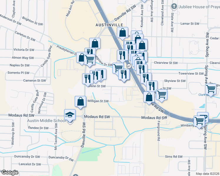map of restaurants, bars, coffee shops, grocery stores, and more near 1802 Glenn Street Southwest in Decatur