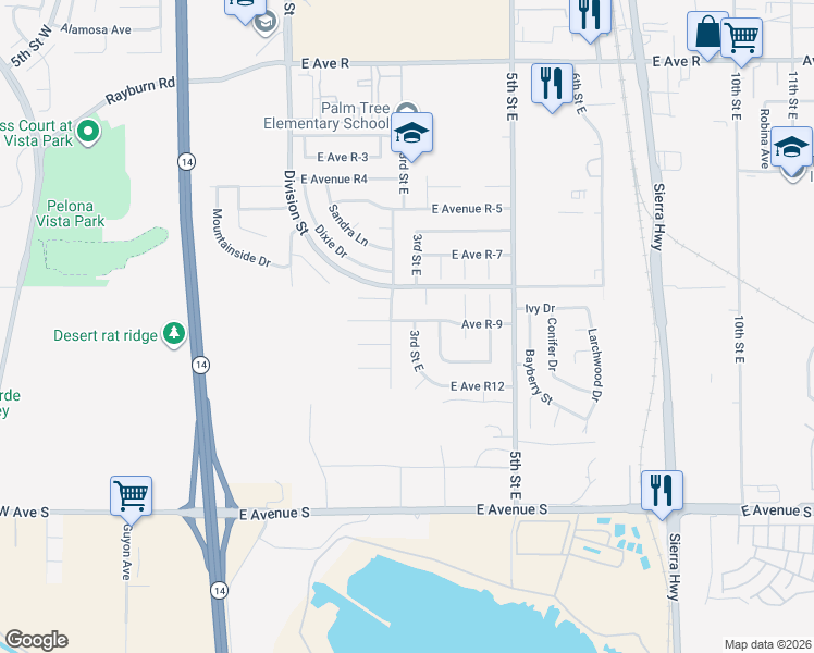 map of restaurants, bars, coffee shops, grocery stores, and more near 37469 3rd Street East in Palmdale